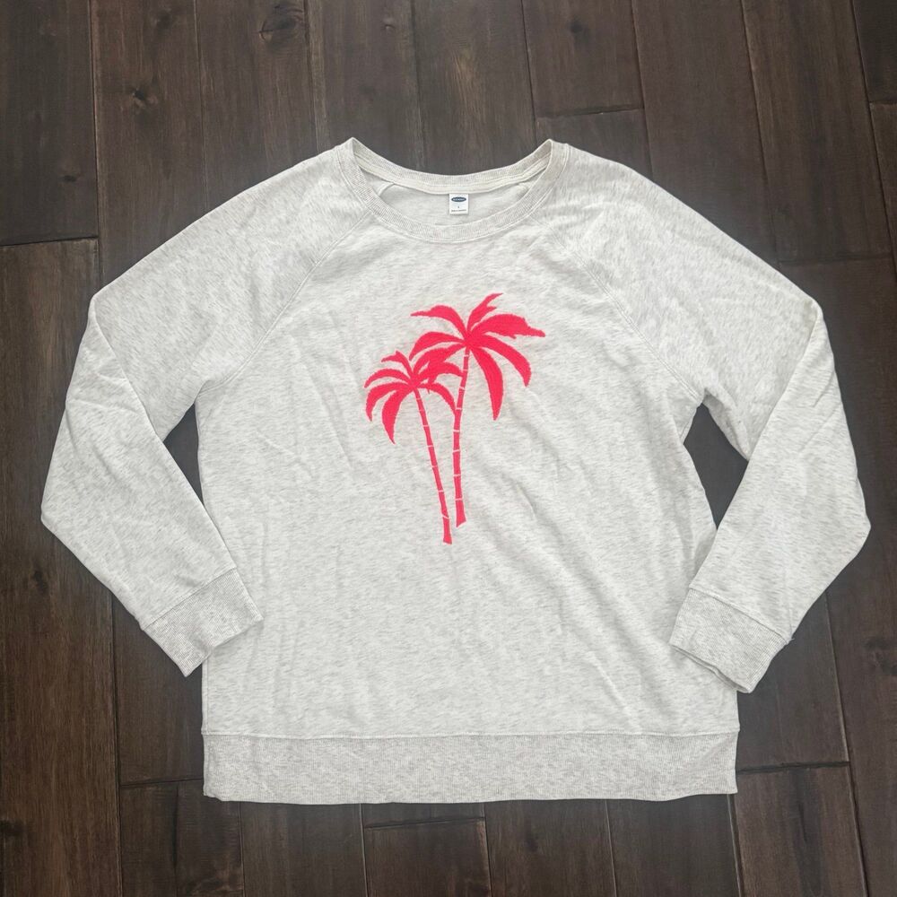 Old Navy Gray Crewneck Sweatshirt with Neon Pink Palm Tree Graphic L